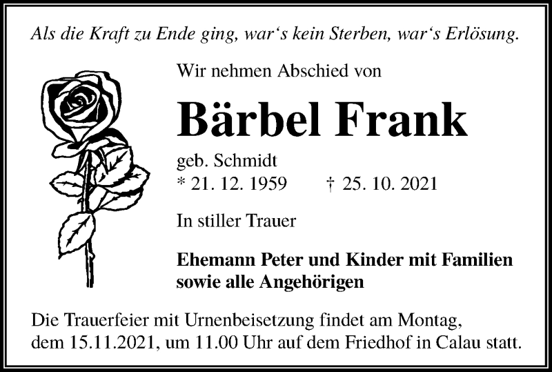  Traueranzeige für Bärbel Frank vom 30.10.2021 aus lausitzer_rundschau
