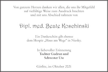 Traueranzeige von Beate Koschinski von lausitzer_rundschau