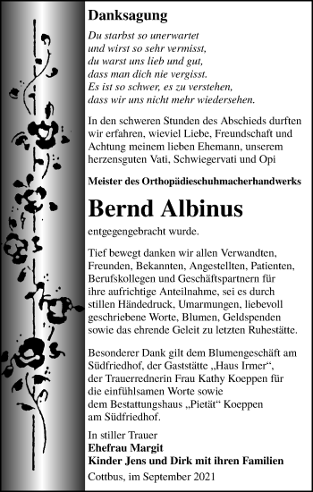 Traueranzeige von Bernd Albinus von lausitzer_rundschau