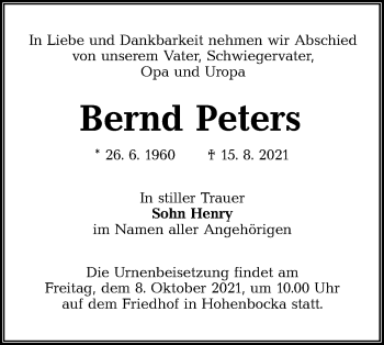Traueranzeige von Bernd Peters von lausitzer_rundschau