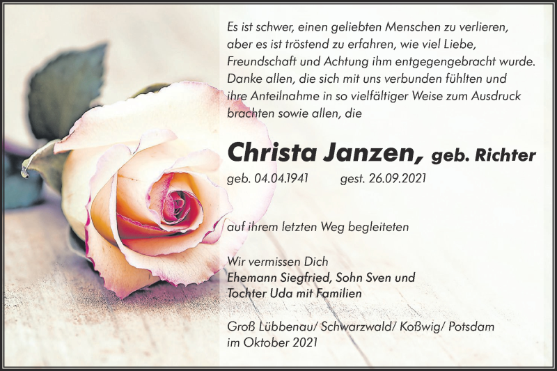  Traueranzeige für Christa Janzen vom 30.10.2021 aus lausitzer_rundschau