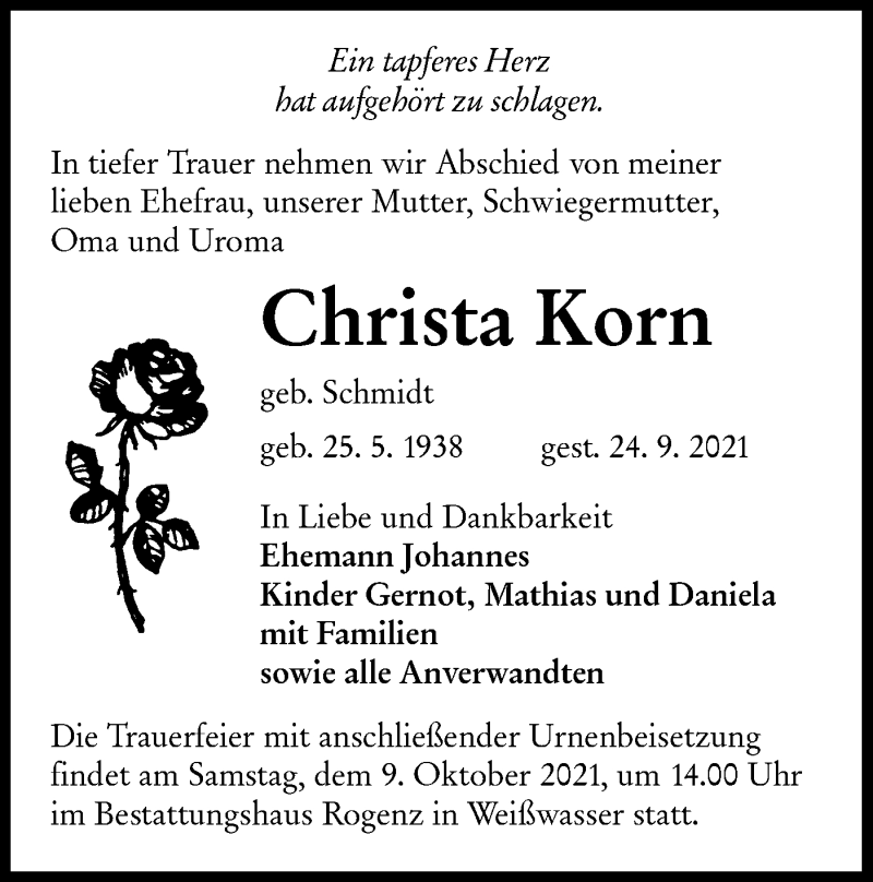  Traueranzeige für Christa Korn vom 02.10.2021 aus lausitzer_rundschau