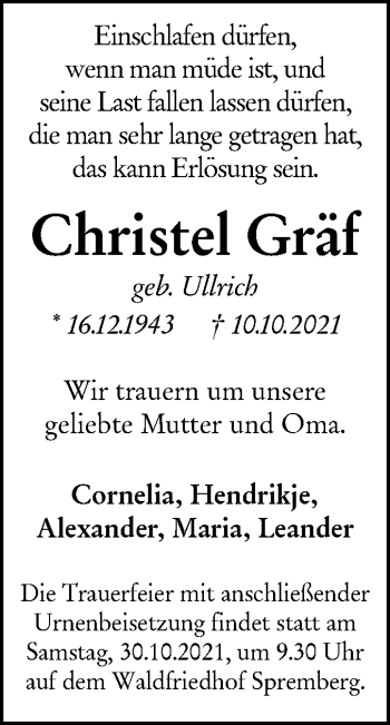 Traueranzeige von Christel Gräf von lausitzer_rundschau