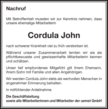 Traueranzeige von Cordula John von lausitzer_rundschau