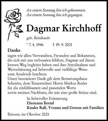 Traueranzeige von Dagmar Kirchhoff von lausitzer_rundschau