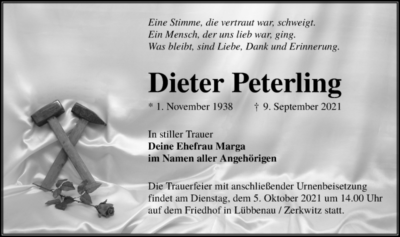  Traueranzeige für Dieter Peterling vom 02.10.2021 aus lausitzer_rundschau