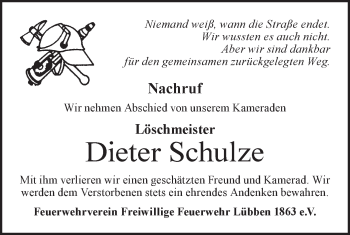 Traueranzeige von Dieter Schulze von lausitzer_rundschau