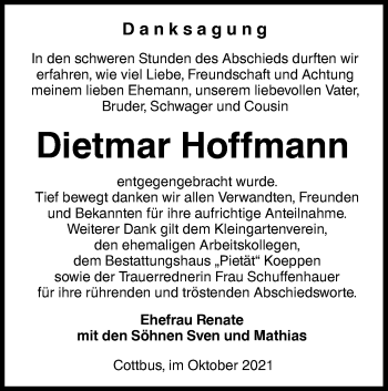 Traueranzeige von Dietmar Hoffmann von lausitzer_rundschau