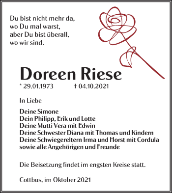 Traueranzeige von Doreen Riese von lausitzer_rundschau