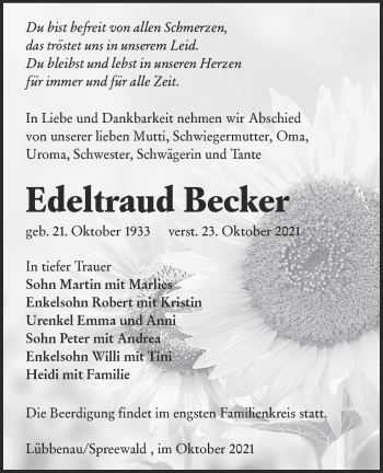 Traueranzeige von Edeltraud Becker von lausitzer_rundschau