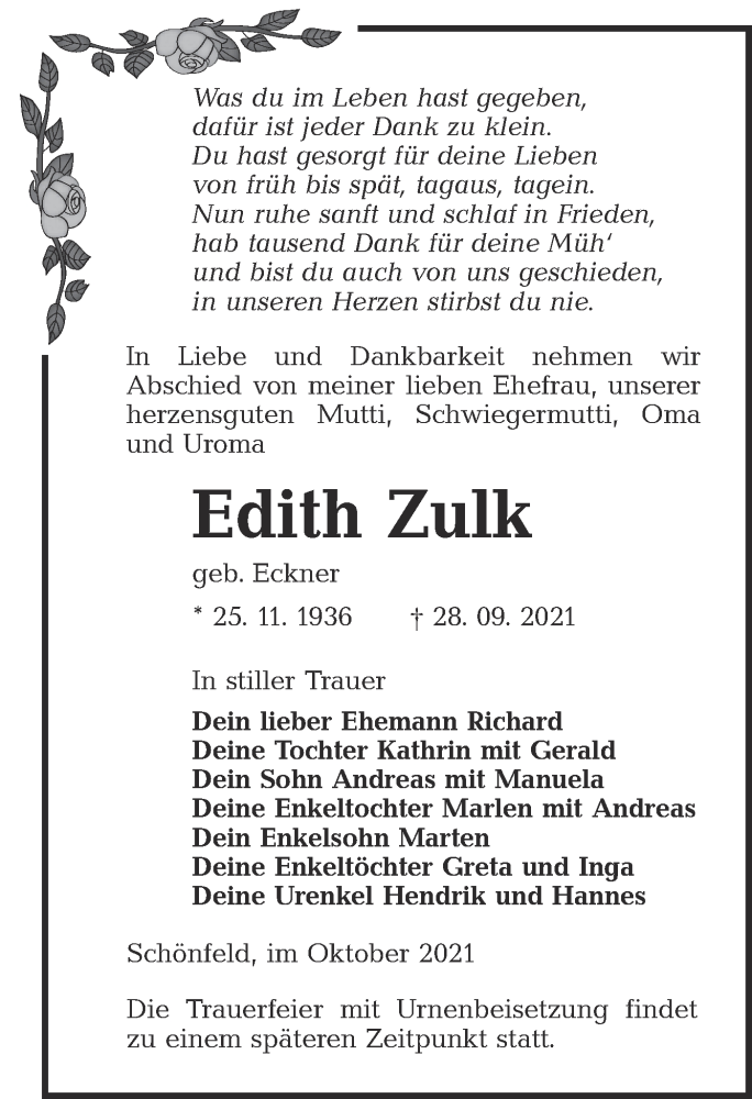  Traueranzeige für Edith Zulk vom 05.10.2021 aus lausitzer_rundschau