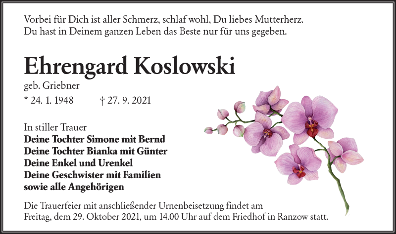  Traueranzeige für Ehrengard Koslowski vom 02.10.2021 aus lausitzer_rundschau