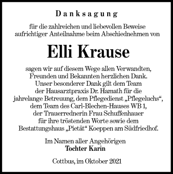Traueranzeige von Elli Krause von lausitzer_rundschau