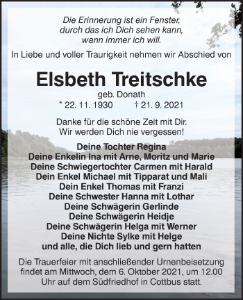 Traueranzeige von Elsbeth Treitschke von lausitzer_rundschau