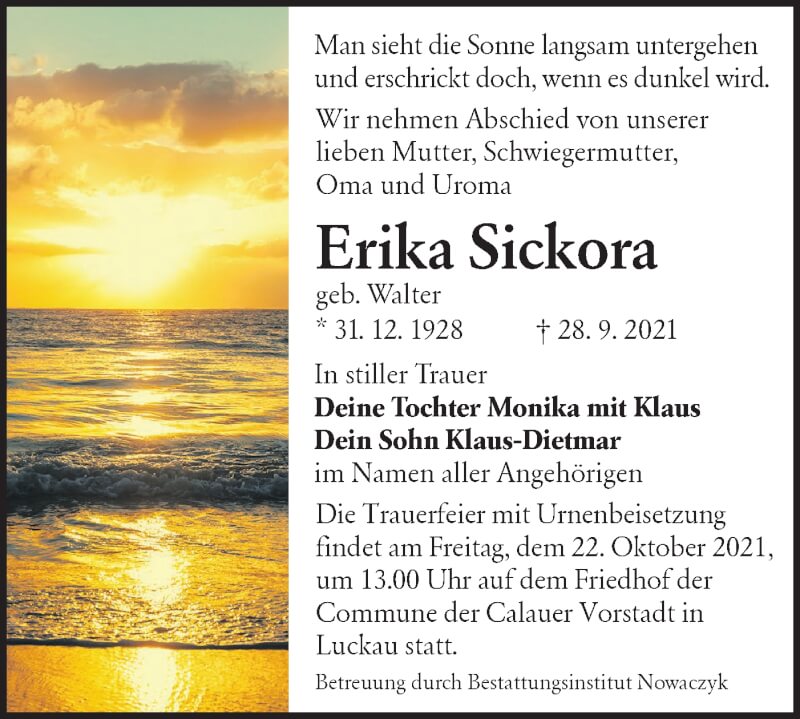  Traueranzeige für Erika Sickora vom 09.10.2021 aus lausitzer_rundschau