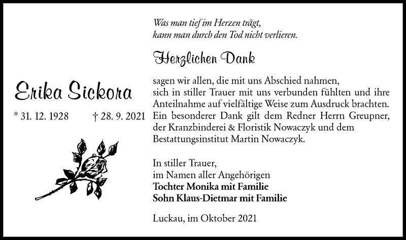  Traueranzeige für Erika Sickora vom 30.10.2021 aus lausitzer_rundschau