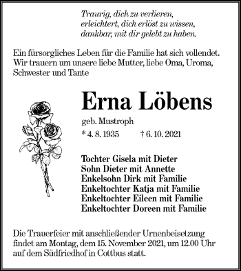 Traueranzeige von Erna Löbens von lausitzer_rundschau