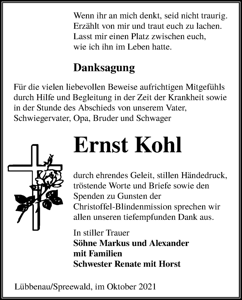  Traueranzeige für Ernst Kohl vom 16.10.2021 aus lausitzer_rundschau