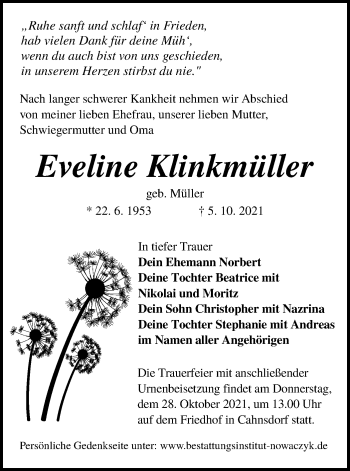 Traueranzeige von Eveline Klinkmüller von lausitzer_rundschau