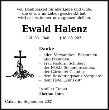 Traueranzeige von Ewald Halenz von lausitzer_rundschau