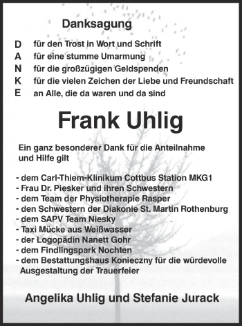 Traueranzeige von Frank Uhlig von lausitzer_rundschau