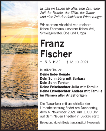 Traueranzeige von Franz Fischer von lausitzer_rundschau
