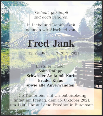 Traueranzeige von Fred Jank von lausitzer_rundschau