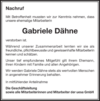 Traueranzeige von Gabriele Dähne von lausitzer_rundschau
