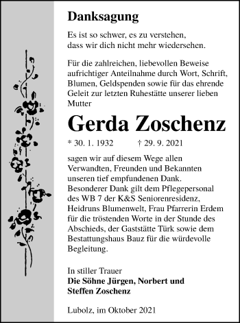 Traueranzeige von Gerda Zoschenz von lausitzer_rundschau