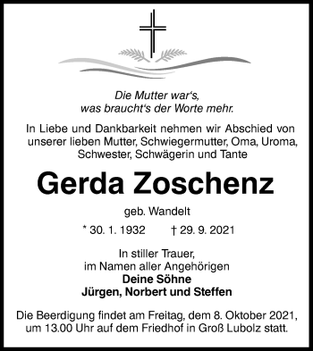 Traueranzeige von Gerda Zoschenz von lausitzer_rundschau