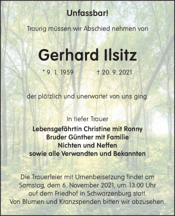 Traueranzeige von Gerhard Ilsitz von lausitzer_rundschau
