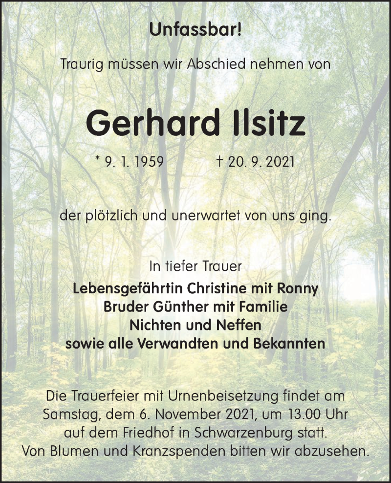  Traueranzeige für Gerhard Ilsitz vom 02.10.2021 aus lausitzer_rundschau