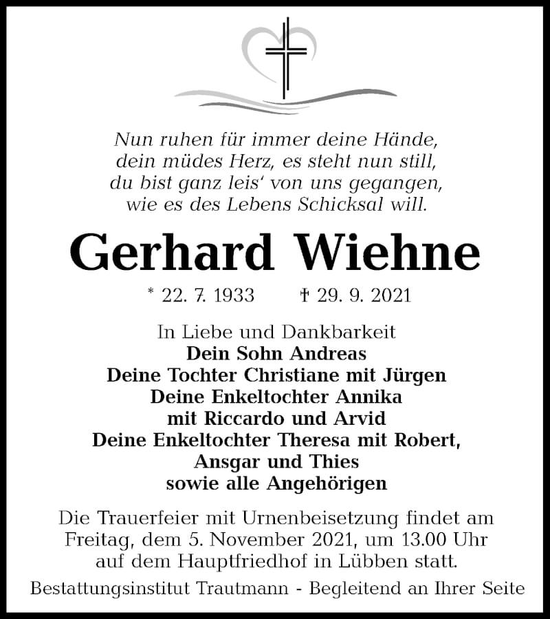  Traueranzeige für Gerhard Wiehne vom 09.10.2021 aus lausitzer_rundschau