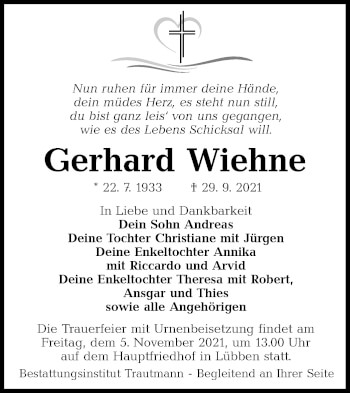 Traueranzeige von Gerhard Wiehne von lausitzer_rundschau