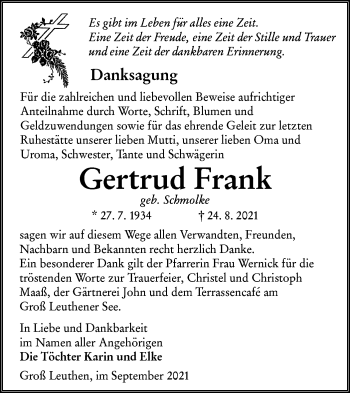 Traueranzeige von Gertrud Frank von lausitzer_rundschau