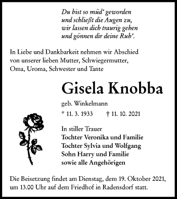Traueranzeige von Gisela Knobba von lausitzer_rundschau