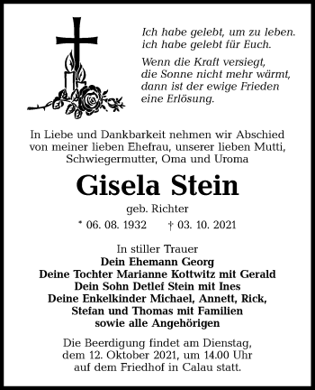 Traueranzeige von Gisela Stein von lausitzer_rundschau