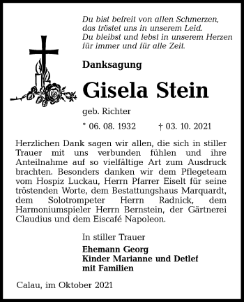 Traueranzeige von Gisela Stein von lausitzer_rundschau