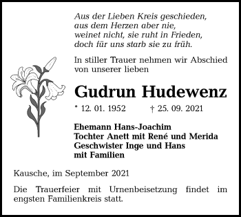 Traueranzeige von Gudrun Hudewenz von lausitzer_rundschau