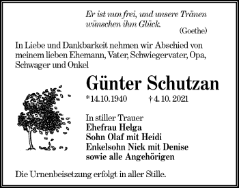 Traueranzeige von Günter Schutzan von lausitzer_rundschau