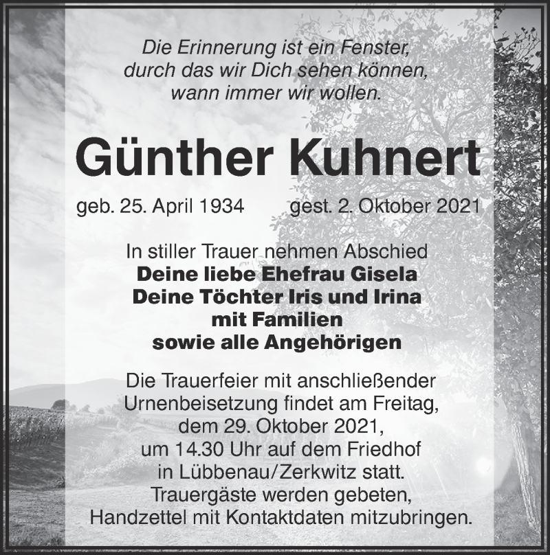  Traueranzeige für Günther Kuhnert vom 23.10.2021 aus lausitzer_rundschau