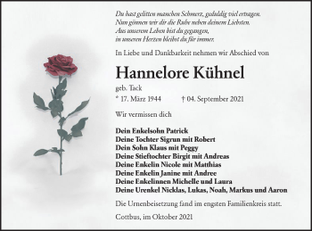 Traueranzeige von Hannelore Kühnel von lausitzer_rundschau