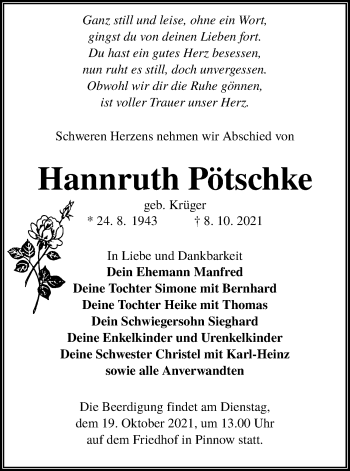 Traueranzeige von Hannruth Pötschke von lausitzer_rundschau