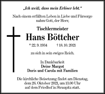 Traueranzeige von Hans Böttcher von lausitzer_rundschau
