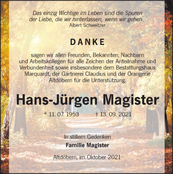 Traueranzeige von Hans-Jürgen Magister von lausitzer_rundschau