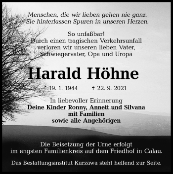 Traueranzeige von Harald Höhne von lausitzer_rundschau