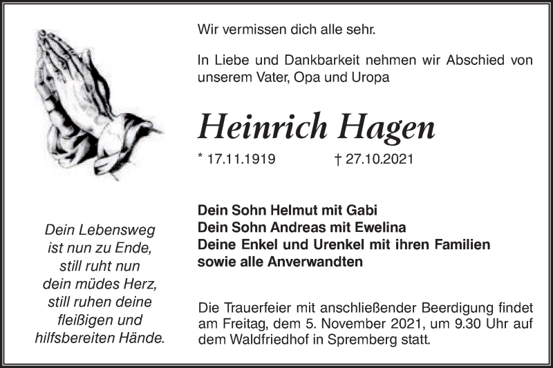  Traueranzeige für Heinrich Hagen vom 30.10.2021 aus lausitzer_rundschau
