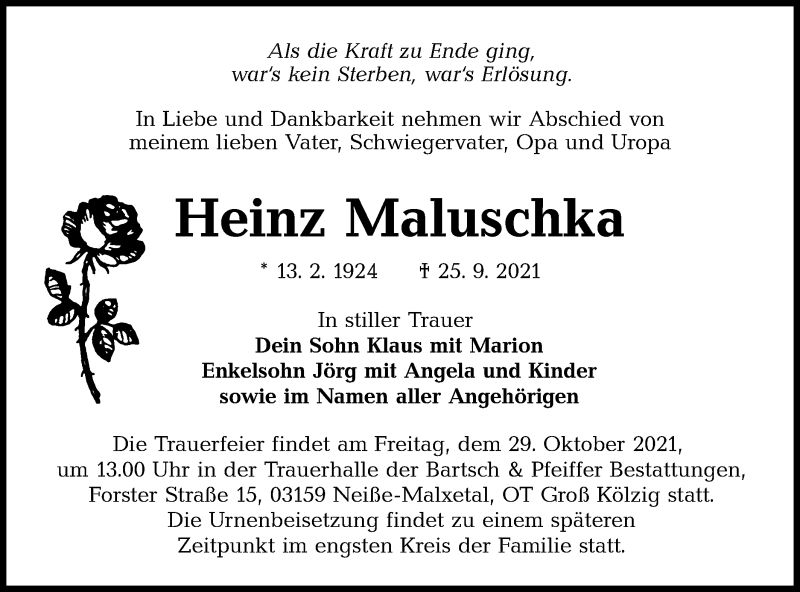  Traueranzeige für Heinz Maluschka vom 12.10.2021 aus lausitzer_rundschau