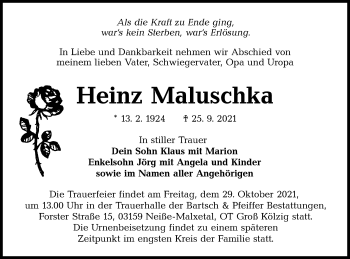 Traueranzeige von Heinz Maluschka von lausitzer_rundschau