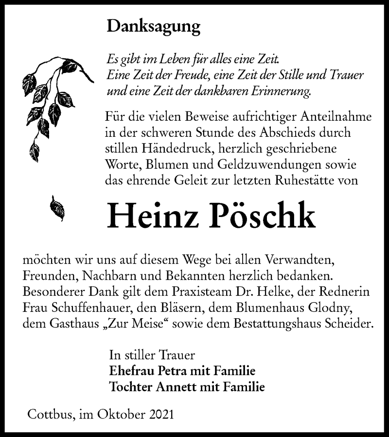  Traueranzeige für Heinz Pöschk vom 30.10.2021 aus lausitzer_rundschau